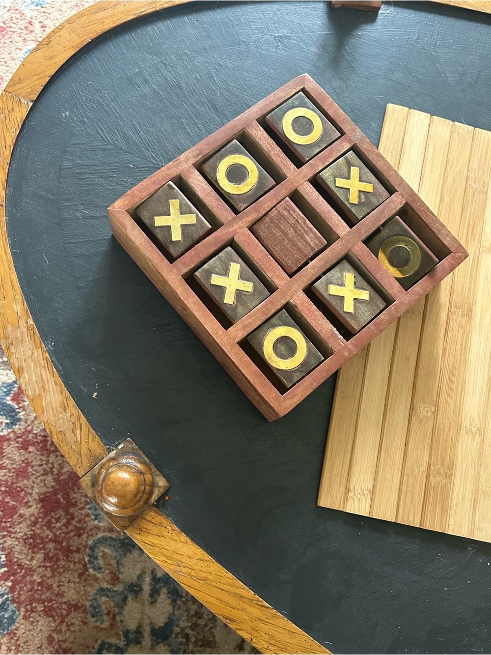 Wooden Brown  Tic-Tac-Toe Game Set in Brown Bow with gold letters spins